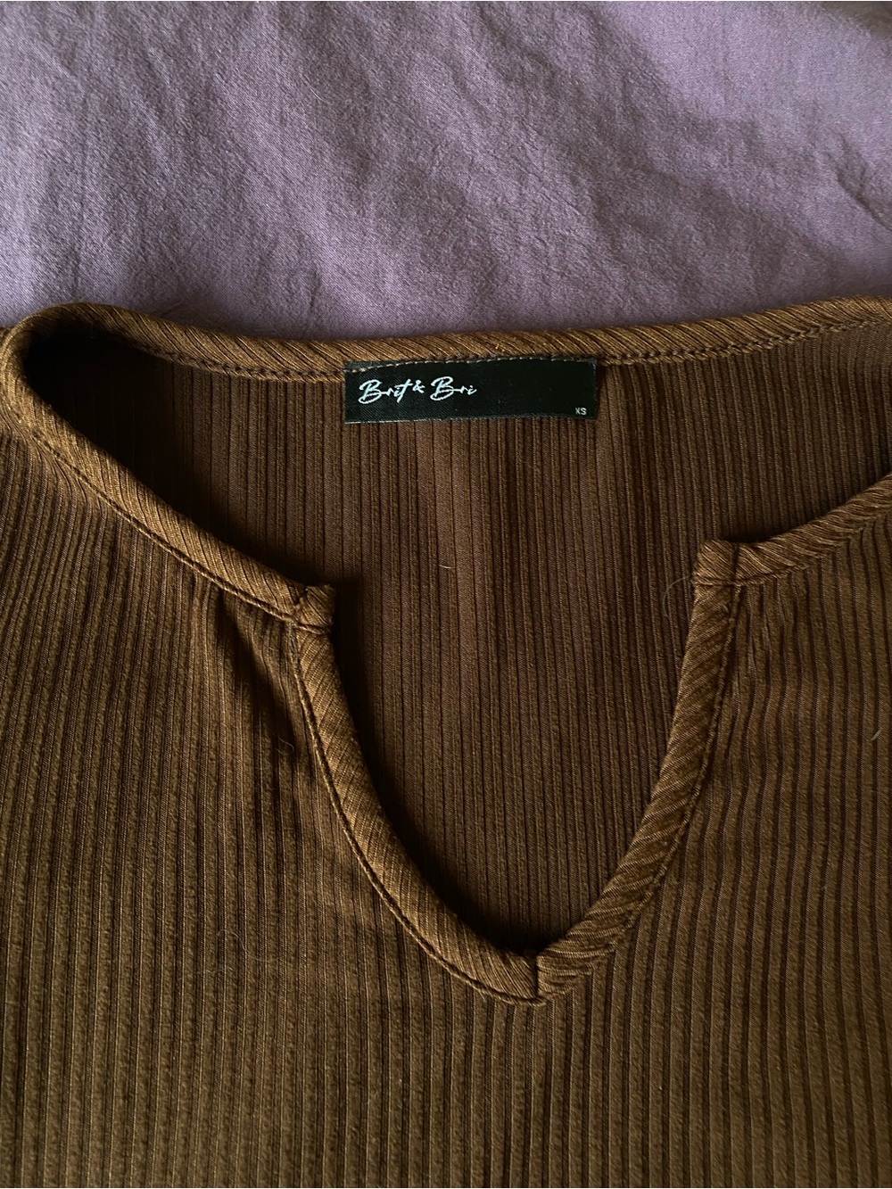 Britt & Bee Ribbed Brown V-Neck Top